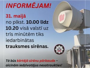 VUGD 31. maijā veiks trauksmes sirēnu pārbaudi 